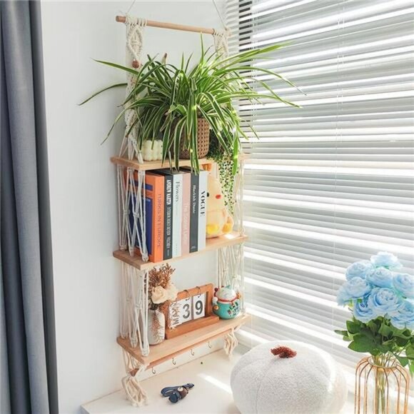 Macrame Wall Hanging Shelf 3 Tier Wood Boho Floating Shelf with Hooks Rack - Picture 6 of 7